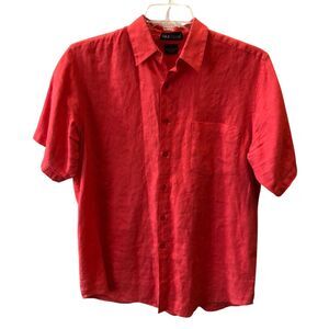 Silk Club Mens Large Red Linen Short Sleeve Button Up Collared Shirt Top Sz L